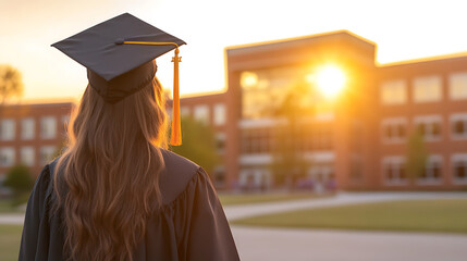 Graduate in cap and gown, facing a future full of possibilities at sunset in front of a building, signifying achievement and hope.
