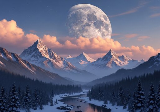 Serene winter landscape with snow-capped mountains and a colossal moon