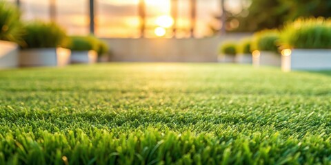 Golden hour illumination on lush artificial turf, providing a tranquil outdoor setting with blurred background greenery