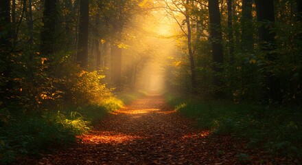Obraz premium A sunlit path winds through a dense, vibrant forest, bathed in golden light.