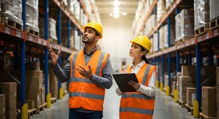 Warehouse workers discuss inventory management strategies while inspecting high shelves for stock levels and organization in a large distribution center.