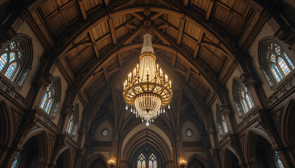 Obraz premium Grand chandelier in a cathedral's lofty interior, showcasing intricate wooden vaulted ceilings and arched windows.