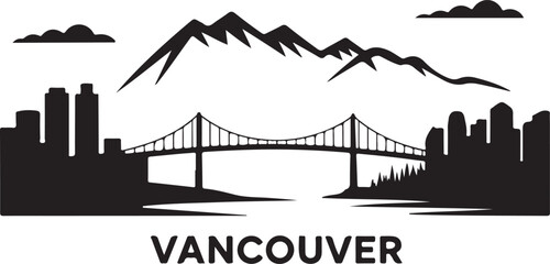 Black Silhouette of Vancouver Skyline with Harbour Centre and Lions Gate Bridge
