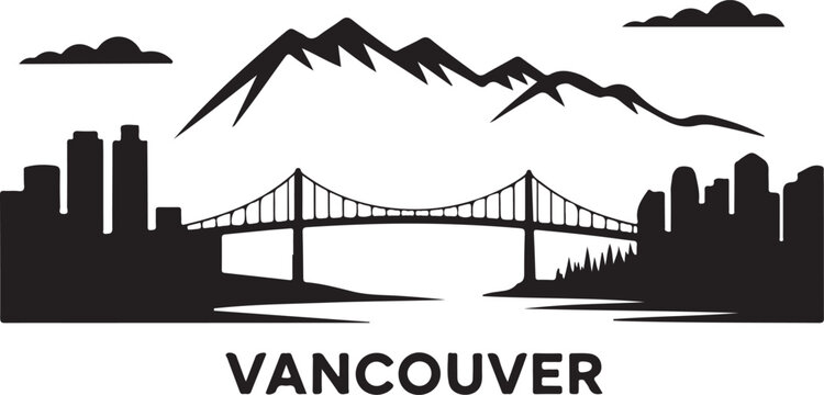 Black Silhouette of Vancouver Skyline with Harbour Centre and Lions Gate Bridge