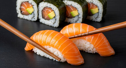  Fresh Salmon Nigiri and Maki Sushi Rolls with Chopsticks on a Dark Background