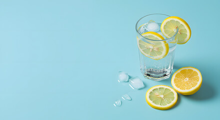 Glass of water with lemon on pastel background