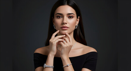 Obraz premium Stunning model showcases elegant diamond jewelry, perfect for a sophisticated and luxurious lifestyle, radiating timeless beauty and grace.