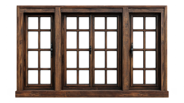 Elegant wooden window design featuring three panes with a rustic finish for modern interiors