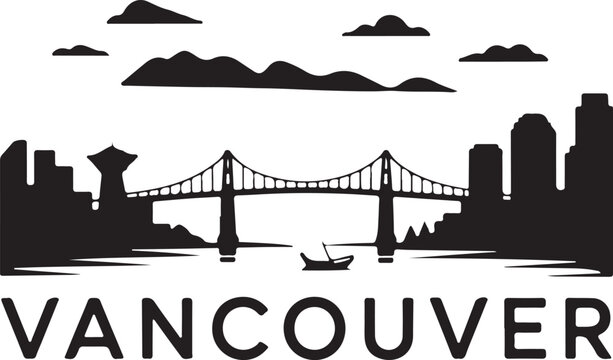Black Silhouette of Vancouver Skyline with Harbour Centre and Lions Gate Bridge