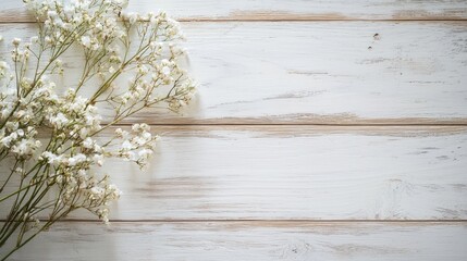 Fototapeta premium A white wooden table with a bouquet of white flowers on it.