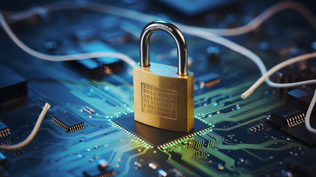 Golden padlock protecting computer circuit board and binary code