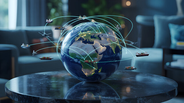 Cargo ships and airplanes delivering goods around the world, connecting global trade
