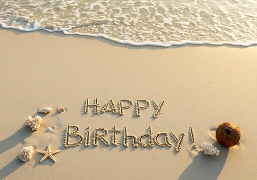 Happy Birthday Message Written in Sand on a Beach. Generative Ai