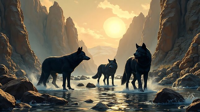 Mysterious Black Wolves Standing In The River Shallows