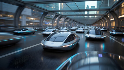 Autonomous vehicles driving on futuristic highway in smart city