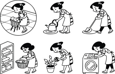 Illustrations showing a woman doing various household chores and activities in black and white style