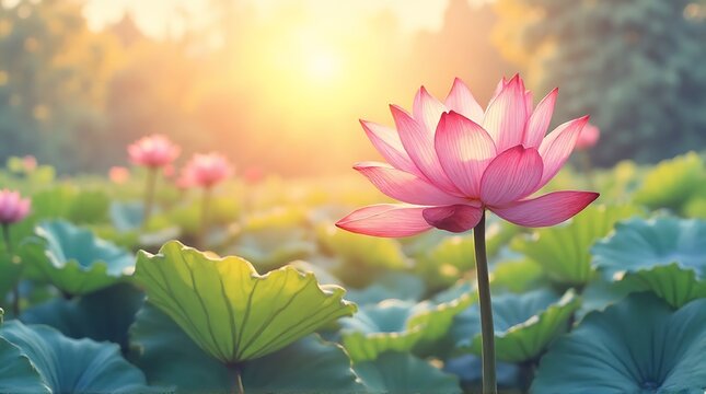 Serene Pink Lotus Flower Greeting The Morning Sun