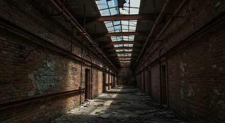 Explore the haunting beauty of this abandoned brick factory hallway, a testament to time and industrial decay, perfect for your next post-apocalyptic or historical project.
