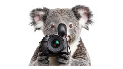 Koala holds camera and poses for a picture in an transparent setting with vibrant colors