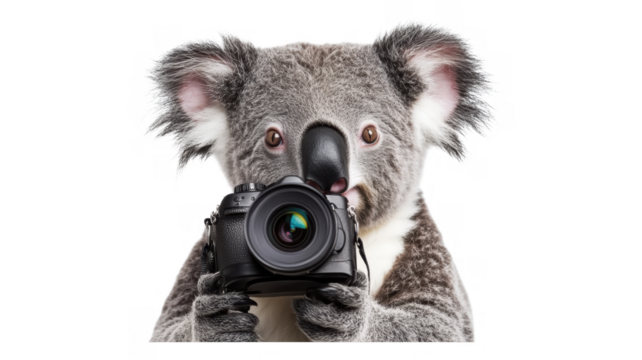 Koala holds camera and poses for a picture in an transparent setting with vibrant colors
