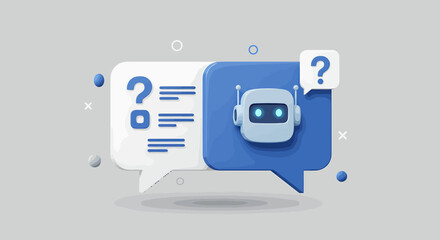 3D illustration of a robot in a speech bubble, representing AI assistance and question answering.
