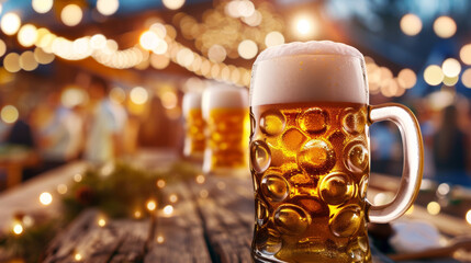 Cold mugs of beer on a wooden table under warm lights in a bustling outdoor gathering atmosphere