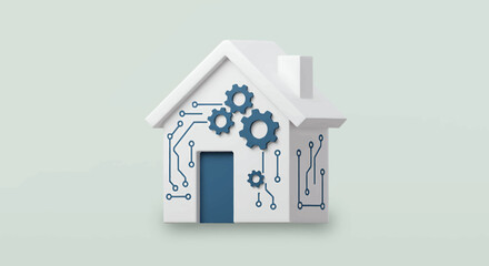 Smart home technology concept:  A white house model with integrated circuit board and gear designs.