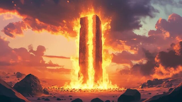 A monolithic stone structure engulfed in flames under a dramatic sunset sky 4k