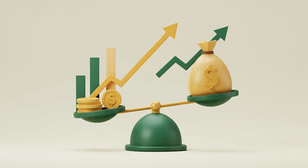 Financial growth depicted on a scale; upward trending graphs balance against a money bag.