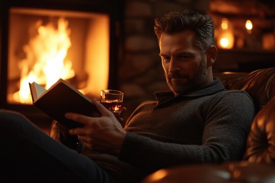 Close-up of mature man reading book and holding glass with drink near fireplace. Warm diffused light. Leather armchair. Calm and thoughtful mood. Cozy evening indoors. Luxury, lifestyle, relaxation