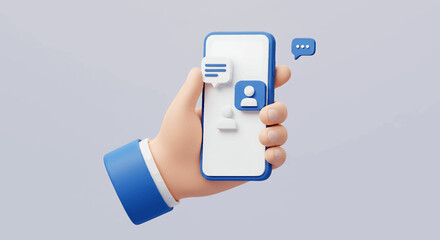 Cartoon hand holding a smartphone with messaging interface, displaying user profiles and chat bubbles.