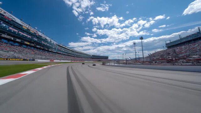 Wide Turn on Oval Racing Track with Crowd