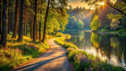 Serene Sunset Walkway Winding Along a Picturesque Lakeside Path Through a Lush Green Forest at Golden Hour