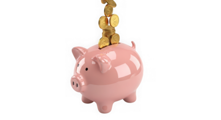 Ai generated image of pink piggy bank with gold coins falling into it, isolated on transparent background