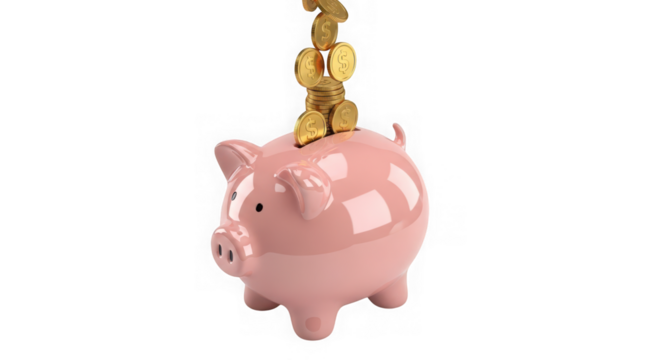Ai generated image of pink piggy bank with gold coins falling into it, isolated on transparent background