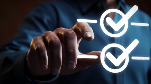 Digital Checklist Selection Man Taps Glowing Checkbox Twice for Online Approval, Acceptance, Agreement, Validation - Technology Concept.