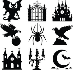 Halloween Silhouette Vector Icons ? Gothic Black Illustrations of Castle, Raven, Spider, Bat, and Moon for Spooky Design Projects