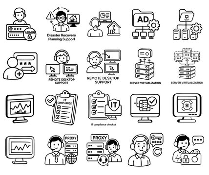 support technical system administration concept. Icons and symbols depicting IT support and services. - Powered by Adobe