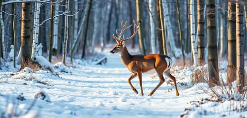 Elegant white-tailed deer gracefully stepping through a snowy forest , trees, graceful