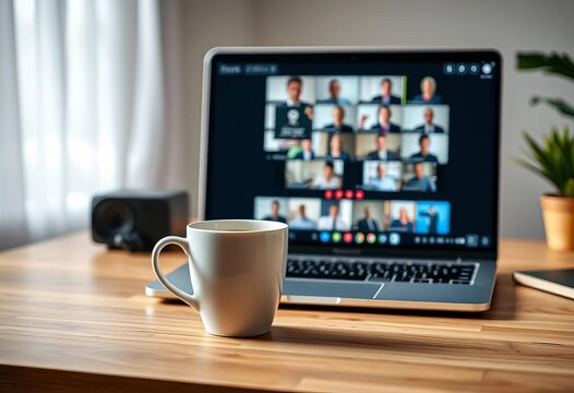 Coffee cup on home office desk next to laptop screen during virtual meeting, remote work,  work from home