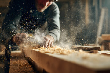 Carpenter blowing sawdust from wooden plank