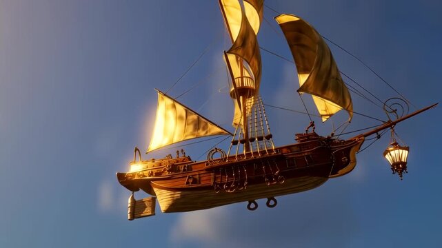 Magical Wooden Airship with Golden Sails Soaring Through a Dreamy Sunset Sky