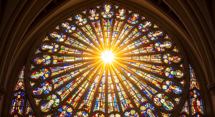  Spectacular Rose Window with Vibrant Stained Glass and Sunburst, Gothic Cathedral Interior