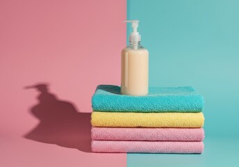 A stack of colorful towels with a dispenser bottle on a pink and teal background