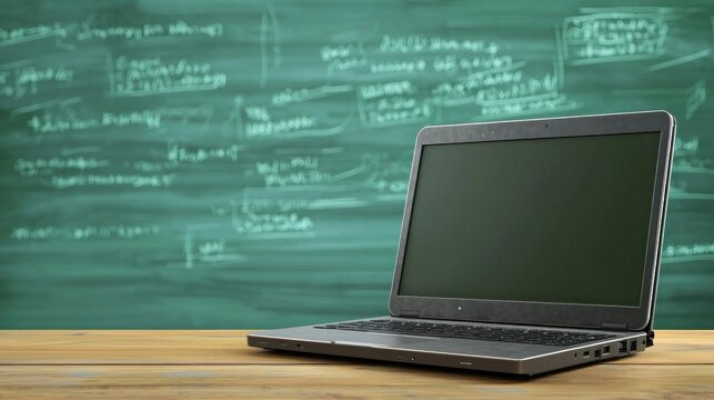 A laptop computer on a wooden table with a green chalkboard in the background.