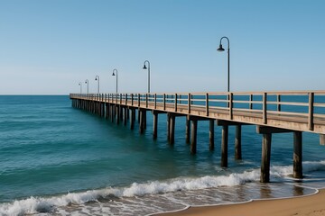 Naklejka premium Long Wooden Pier Extending into Calm Coastal Waters 