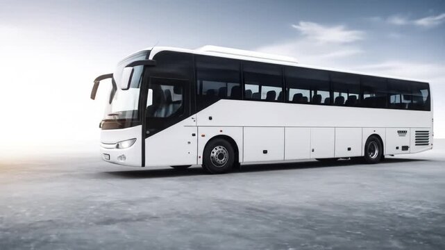 Sleek White Modern Passenger Bus on Asphalt with Cloudy Sky Sunlight and Clean Lines for Commercial Tourism and Transportation Solutions