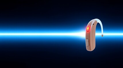 Close-up studio shot of modern hearing aid with blue light effect