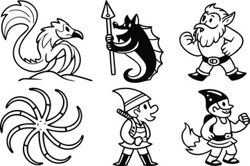 Collection of fantasy creatures and characters including a dragon a gnome and a sea serpent