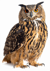 Close-up of a Eurasian eagle-owl showing its vivid orange eyes, intricate feather patterns, and sharp talons against a blurred background.